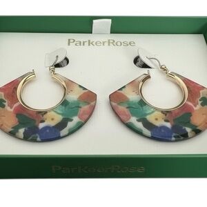 Parker Rose Floral Fan Earrings – Gold Tone Hoops – Original Box
